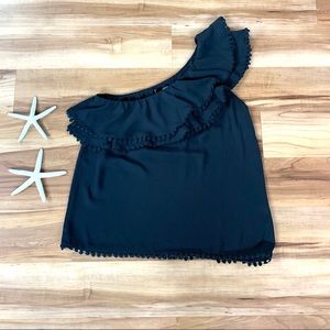 Aqua Women’s Black Crochet Ruffle One Shoulder Top, Size Small